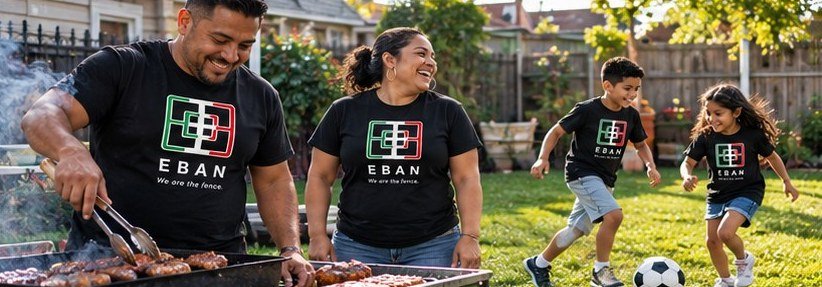 A family grilling and playing soccer in their backyard, wearing Eban shirts