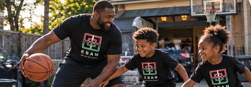 A father playing driveway basketball with his kids, all in Eban shirts
