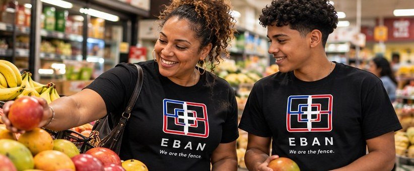 A mother and son shopping for fruit at a neighborhood grocery store, wearing Eban shirts