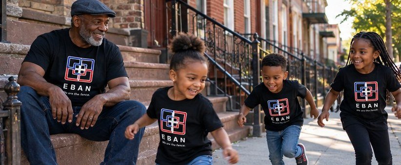 A grandfather on his front stoop watching his grandkids play, all in Eban shirts